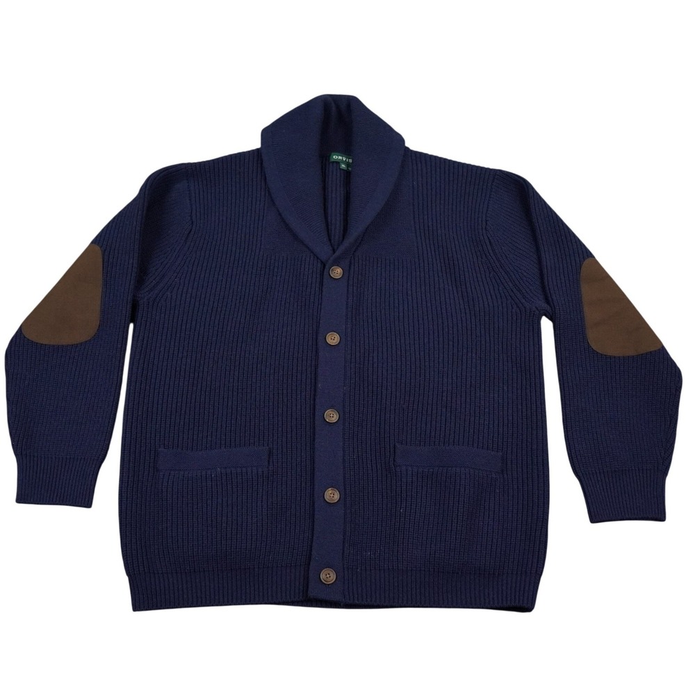 Orvis Cardigan Wool Sweater Men XL Navy Blue Shawl Collar Elbow Patches Grandad